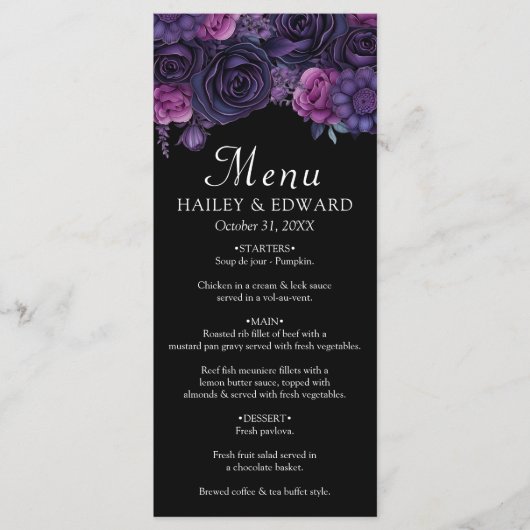 Dark Moody Lila Gothic Florals Wedding Menu Menükarte (Vorderseite)