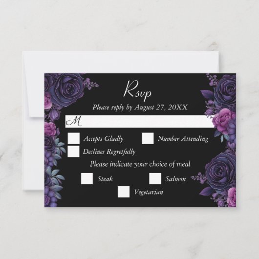 Dark Moody Lila Gothic Florals Wedding RSVP Card Karte (Vorderseite)