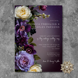 Dark Moody Lila Lavendel Floral Moderne Hochzeit Einladung