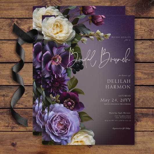 Dark Moody Lila & Lavender Floral Bridal Brunch Einladung