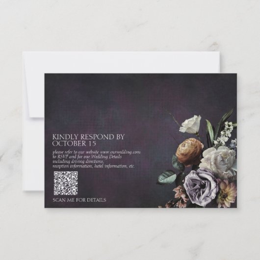 Dark Moody Lila Script Floral QR Code RSVP Card (Rückseite)