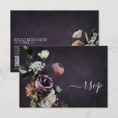 Dark Moody Lila Script Floral QR Code RSVP Card Karte (Vorne/Hinten)