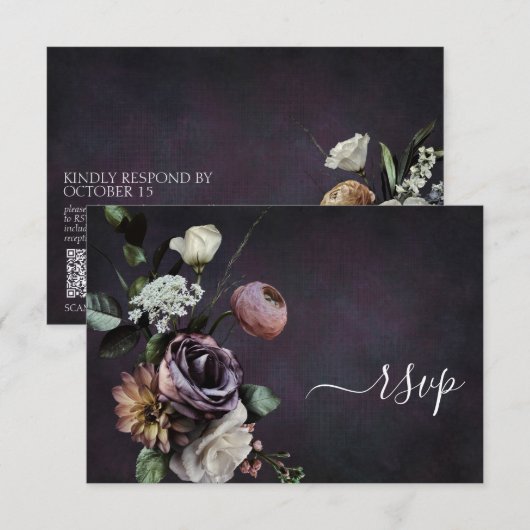 Dark Moody Lila Script Floral QR Code RSVP Card Karte (Vorne/Hinten)