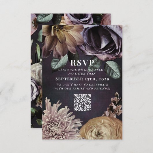 Dark Moody Lila Wedding QR Code Bitte beantworten RSVP Karte (Vorne/Hinten)