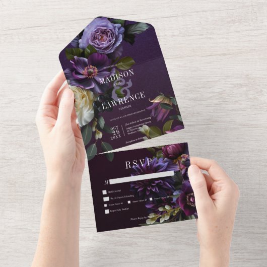 Dark Moody Lila & White Floral Dinner All In One Einladung (Abreißen)