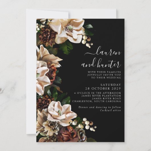 Dark Moody Magnolia Script Floral Wedding Invitati Einladung (Vorderseite)