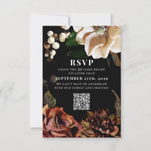 Dark Moody Magnolia Wedding QR Code Bitte beantwor RSVP Karte (Vorderseite)