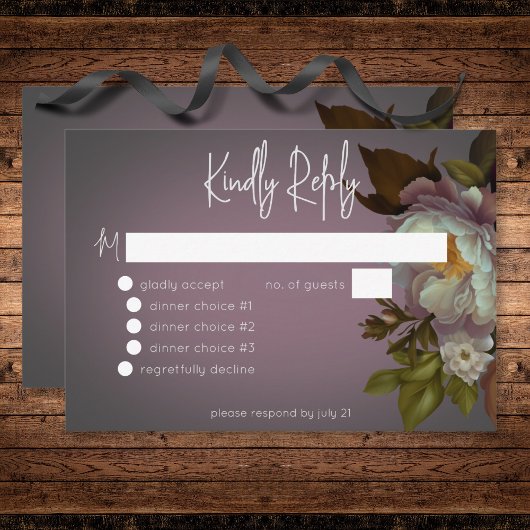 Dark Moody Mauve Floral Modernes Hochzeitsessen RSVP Karte
