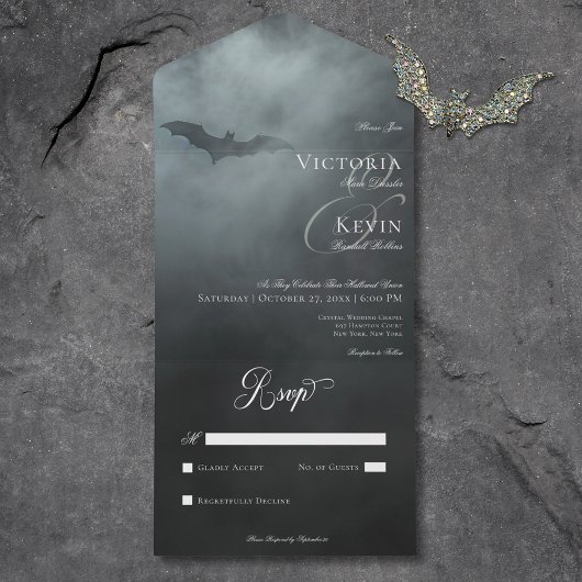 Dark Moody Midnight Bat & Fog No Dinner Hochzeit All In One Einladung