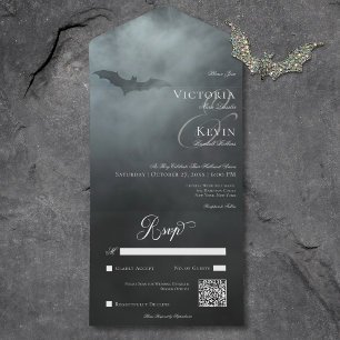 Dark Moody Midnight Bat & Fog QR Code Wedding All In One Einladung