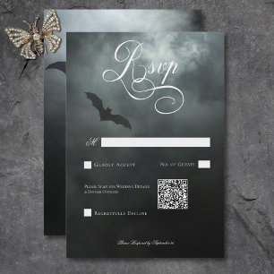 Dark Moody Midnight Bat & Fog Wedding QR Code RSVP Karte