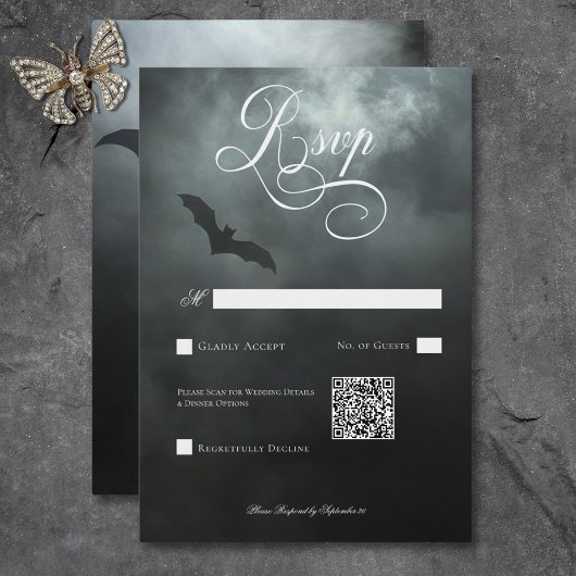 Dark Moody Midnight Bat & Fog Wedding QR Code RSVP Karte