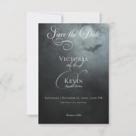 Dark Moody Midnight Bat & Fog Wedding Save The Date (Vorderseite)