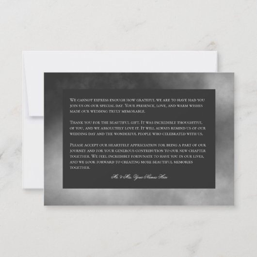 Dark Moody Midnight Black Fog Wedding Dankeskarte (Rückseite)