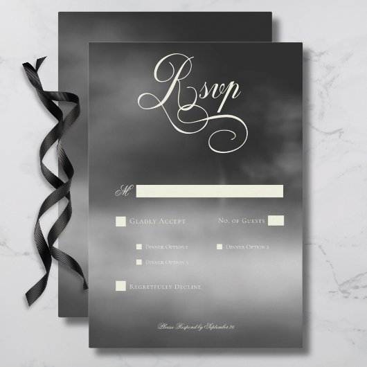 Dark Moody Midnight Black Fog Wedding Dinner RSVP Karte