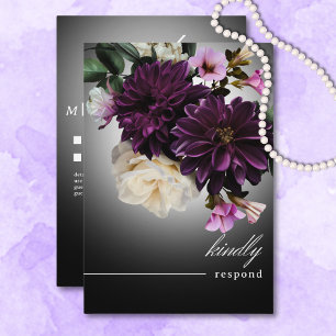 Dark Moody Midnight Lila Floral Romance Details RSVP Karte
