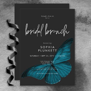 Dark Moody Minimal Aquamarin Moth Bridal Brunch Einladung