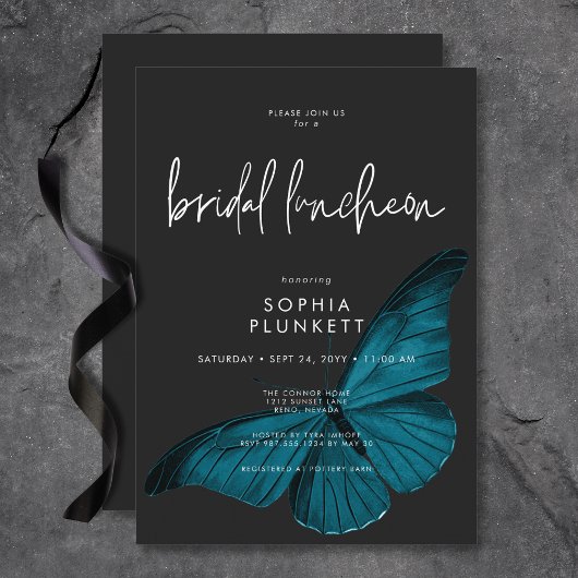 Dark Moody Minimal Aquamarin Moth Bridal Luncheon Einladung