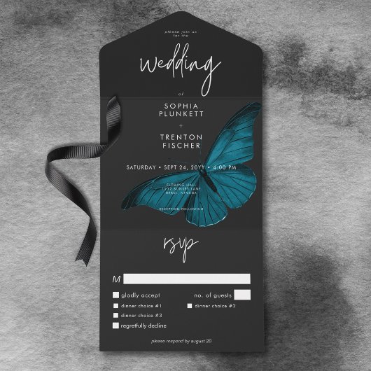 Dark Moody Minimal Aquamarin Moth Dinner Hochzeit All In One Einladung