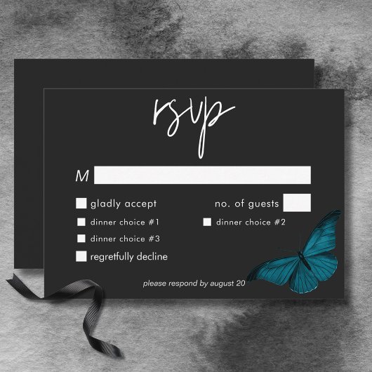 Dark Moody Minimal Aquamarin Moth Wedding Dinner RSVP Karte