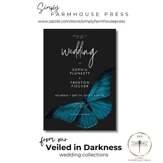 Dark Moody Minimal Aquamarin Moth Wedding Einladung