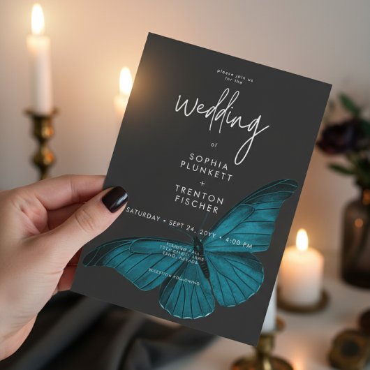 Dark Moody Minimal Aquamarin Moth Wedding Einladung