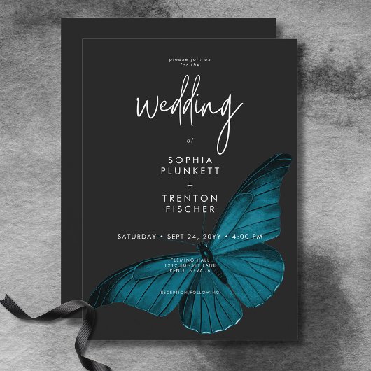 Dark Moody Minimal Aquamarin Moth Wedding Einladung