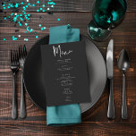 Dark Moody Minimal Aquamarin Moth Wedding Menükarte<br><div class="desc">Dieses Hochzeitsmenü ist ein dunkles, launisches Thema, das einfach, aber atemberaubend ist. Ein dunkles Holzkohleschwarz ist die perfekte Leinwand für Ihre Hochzeitsmahlzeit. Auf der Rückseite befindet sich ein aquamariner blauer Single, dessen Flügel für den Flug, die Vornamen des Paares und das Hochzeitsdatum. Einzigartig und elegant, kann dieses Design für jede...</div>