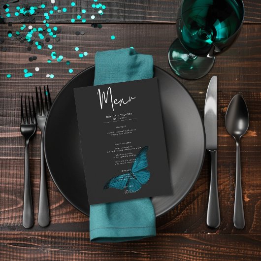 Dark Moody Minimal Aquamarin Moth Wedding Menükarte