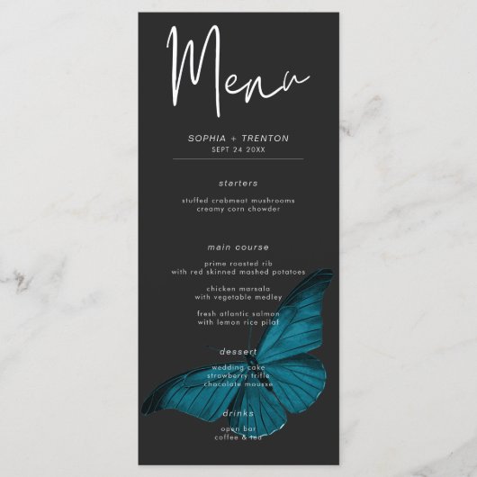 Dark Moody Minimal Aquamarin Moth Wedding Menükarte (Vorderseite)