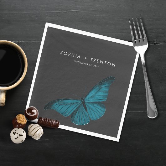 Dark Moody Minimal Aquamarin Moth Wedding Serviette