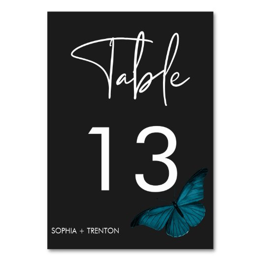 Dark Moody Minimal Aquamarin Moth Wedding Tischnummer (Rückseite)