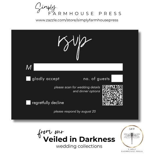 Dark Moody Minimal Wedding QR Code RSVP Karte