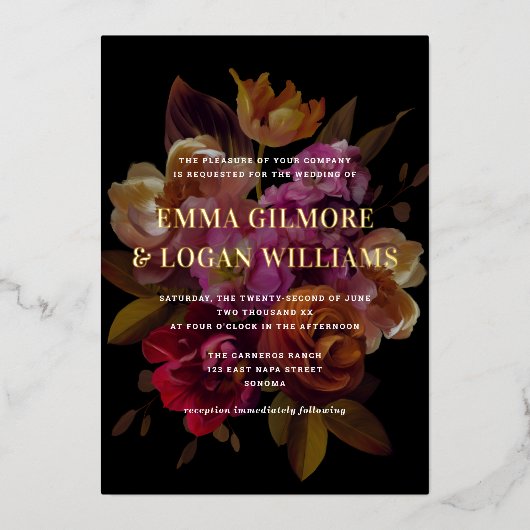 Dark & Moody Modern Painted Floral Wedding Folieneinladung (Vorderseite)