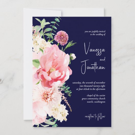 Dark Moody Navy Blue Blush Pink Floral Script Einladung (Vorderseite)