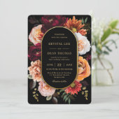 Dark Moody Orange Rust Burgundy Floral Wedding Einladung (Stehend Vorderseite)