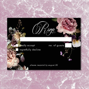 Dark Moody Pastel Opulent Floral Black No Dinner RSVP Karte
