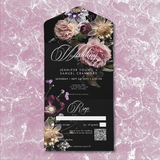 Dark Moody Pastel Opulent Floral Black QR Code All In One Einladung