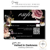 Dark Moody Pastel Opulent Floral Black QR Code RSVP Karte