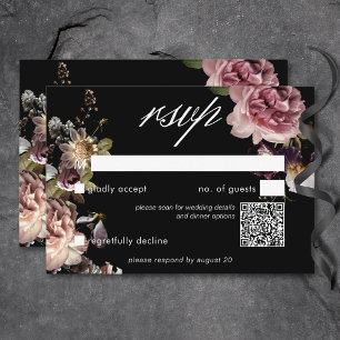 Dark Moody Pastel Opulent Floral Black QR Code RSVP Karte