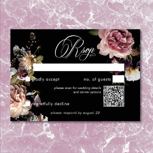 Dark Moody Pastel Opulent Floral Black QR Code RSVP Karte
