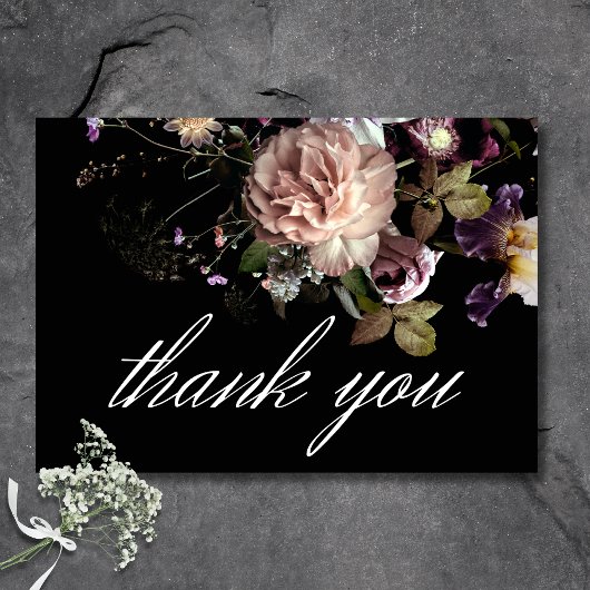 Dark Moody Pastel Opulent Floral Black Wedding Dankeskarte
