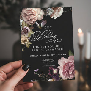 Dark Moody Pastel Opulent Floral Black Wedding Einladung