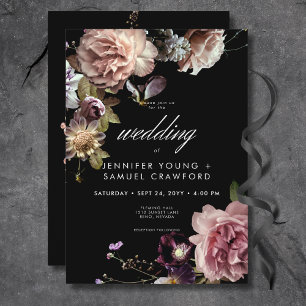 Dark Moody Pastel Opulent Floral Black Wedding Einladung