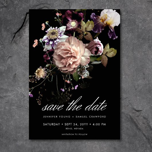 Dark Moody Pastel Opulent Floral Black Wedding Save The Date