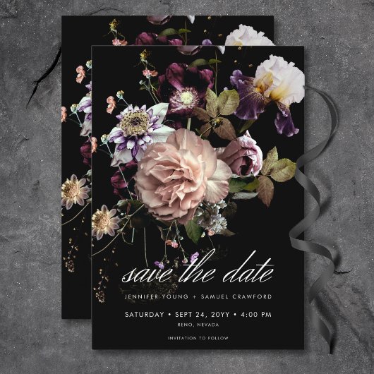 Dark Moody Pastel Opulent Floral Black Wedding Save The Date