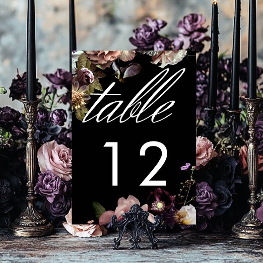 Dark Moody Pastel Opulent Floral Black Wedding Tischnummer