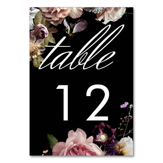 Dark Moody Pastel Opulent Floral Black Wedding Tischnummer (Vorderseite)
