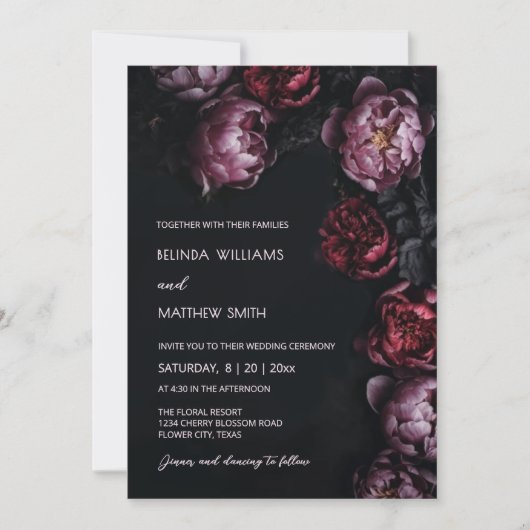 Dark Moody Peony Flowers Wedding Invitation Einladung (Vorderseite)