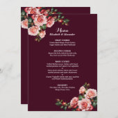 Dark moody pink and red roses burgundy  wedding menükarte (Vorne/Hinten)
